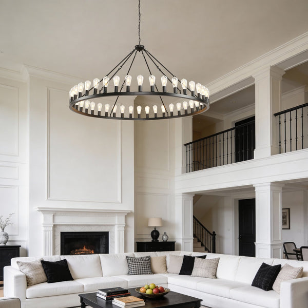 English Elm 64 Inch Wagon Wheel Chandelier 42 Light Matte Black Farmhouse Pendant for Vaulted Rooms W5008P389353