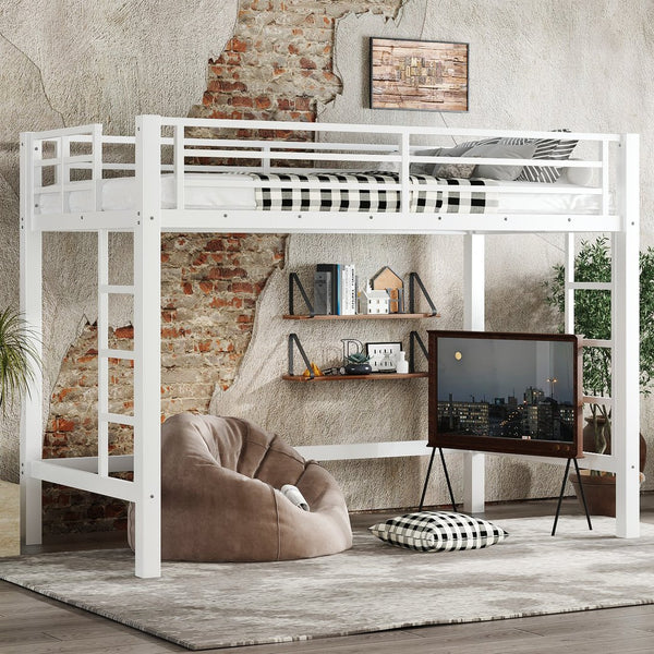 English Elm Twin Xl White Iron Loft Bed with Guardrails and Ladder for Dorm or Teen Room W1580P435706