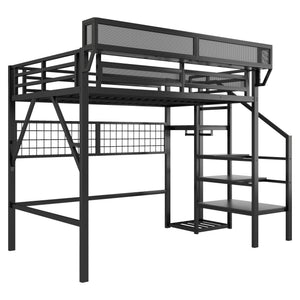 English Elm Full Size Metal Loft Bed with Wardrobe Stairs Rgb Lighting Industrial Frame W2580S00051