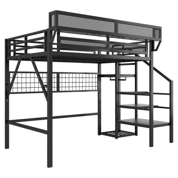 English Elm Full Size Metal Loft Bed with Wardrobe Stairs Rgb Lighting Industrial Frame W2580S00051