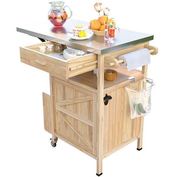 English Elm K&K 40.5" Outdoor Grill Cart with 201 Stainless Top, Solid Fir Storage, Drop Leaf & Lockable Wheels Natural N707P228272Y