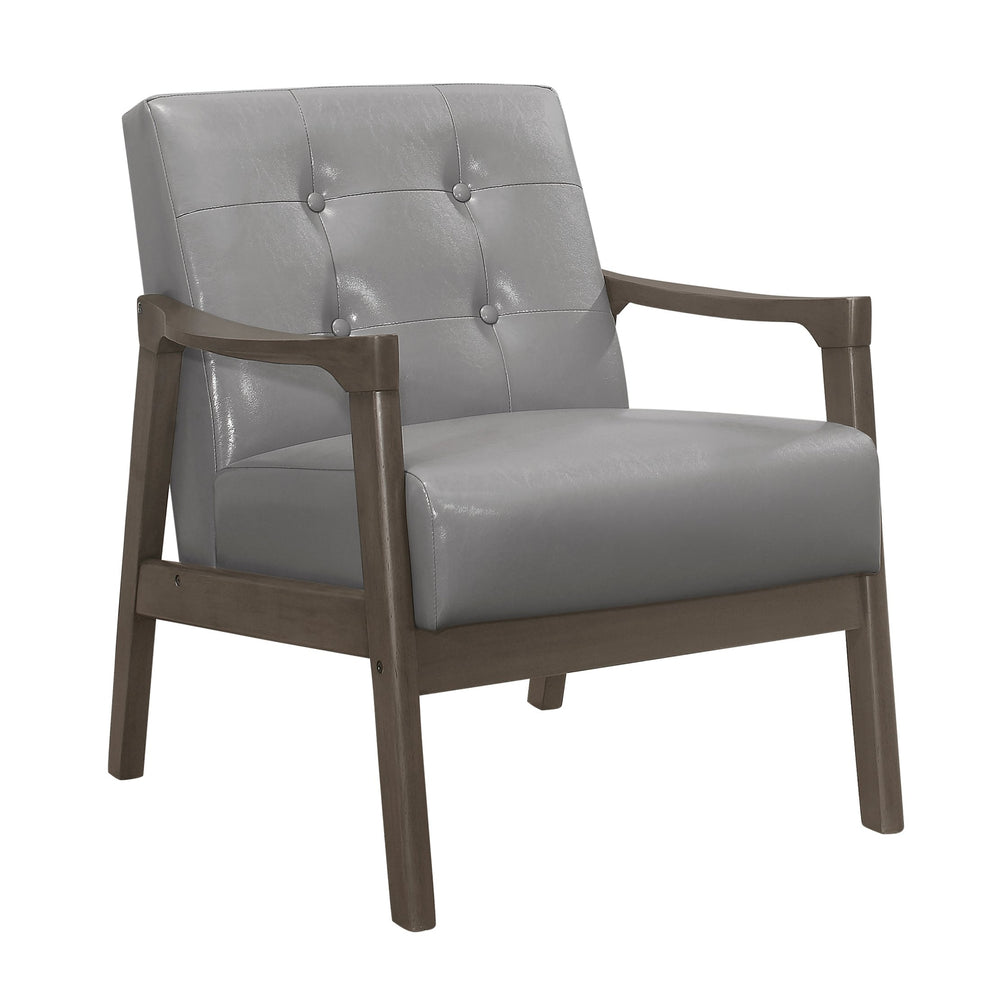 English Elm Accent Mid-Century Modern Button-Tufted Faux Leather Chair with Contoured Arms and Solid Wood Frame Gray 32 L x 26 W x 20 H B011P283263