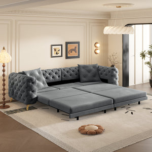 English Elm 97.6" Oversized Velvet Chesterfield Sleeper Sofa Floral Tufted Roll Arm Living Room Couch Dark Grey W1885S00411