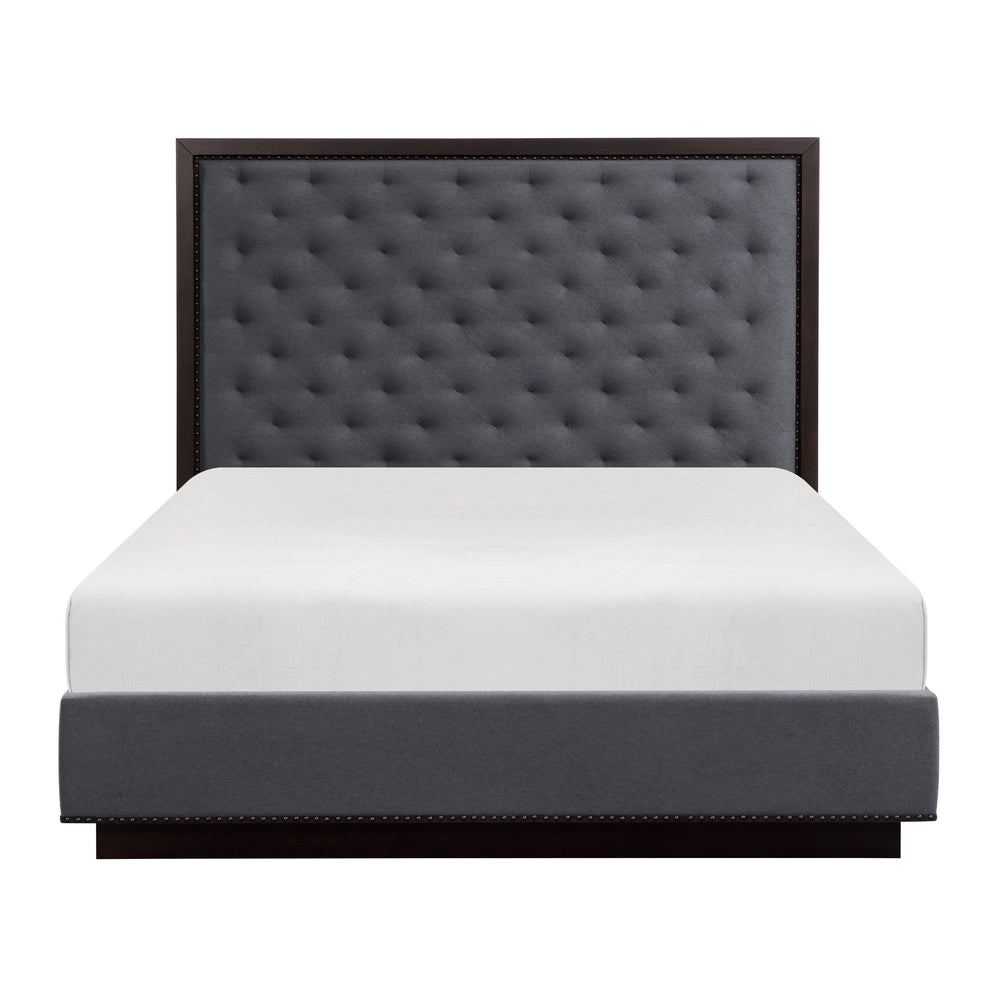 English Elm Modern Tufted Upholstered Queen Bed Nailhead Trim Tall Headboard Charcoal Fabric B011S01026