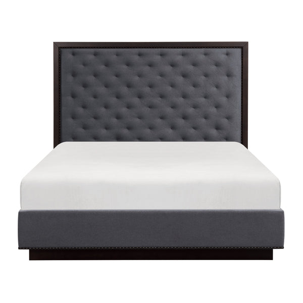 English Elm Modern Tufted Upholstered Queen Bed Nailhead Trim Tall Headboard Charcoal Fabric B011S01026