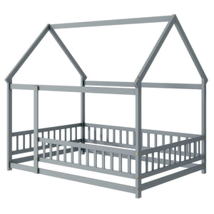 English Elm Full Size House Bed Frame With Roof, Safety Guardrails, Grey Finish - Perfect For Kids' Room Fun! W504P286407