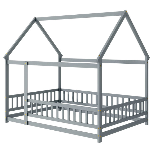 English Elm Full Size House Bed Frame With Roof, Safety Guardrails, Grey Finish - Perfect For Kids' Room Fun! W504P286407