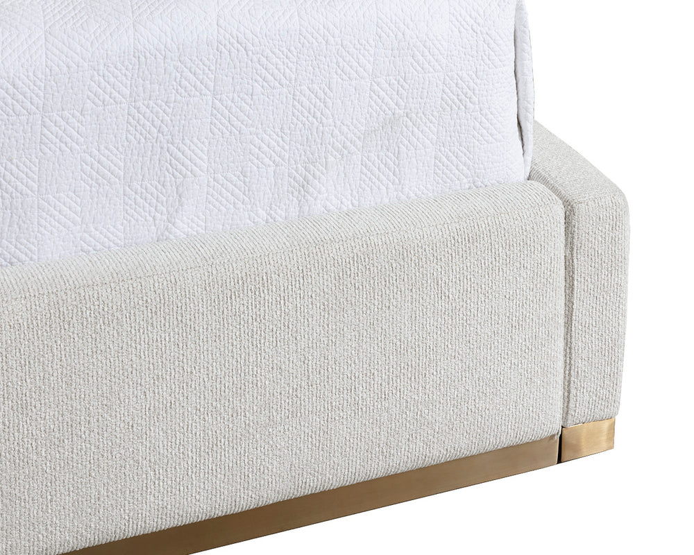 Sunpan Nemu Bed - King Size - Elegant Rhea Light Barley Upholstery With Gold Base And No Box Spring Needed Cream Fabric 110377