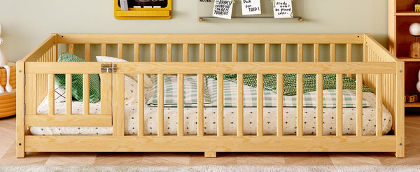 English Elm Full Floor Bed with Safety Guardrails and Play Door for Kids, Low Profile Pine Frame, 550lb Capacity Natural W1580P338952