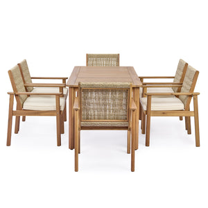 English Elm 7 Piece Outdoor Acacia Wood Dining Set Wicker Slatted Table Cushioned Patio Chairs Beige,Light Teak N768P374497L_6_N768P374498L