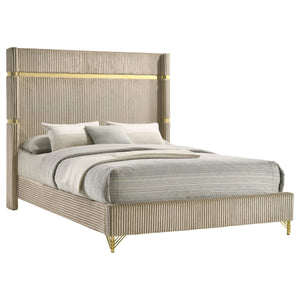 English Elm Malcolm Beige Upholstered Queen Bed with Glam Gold Bands, Plush Channeled Wingback Headboard, Modern Airy Design B062S01342
