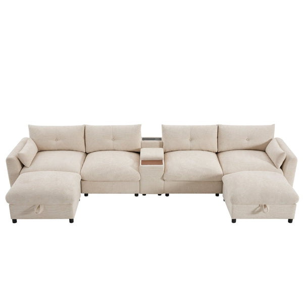 English Elm 142'' Modular Sectional Sofa - 6-Seat U-Shaped Design With Storage Ottoman & Usb Charger N723S9777A-GIGA