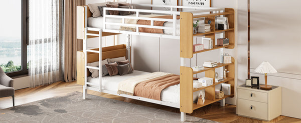 English Elm Twin Metal Bunk Bed with Built-In Headboard Storage and Footboard Shelves, Sturdy Space-Saving Design White SF000176AAK