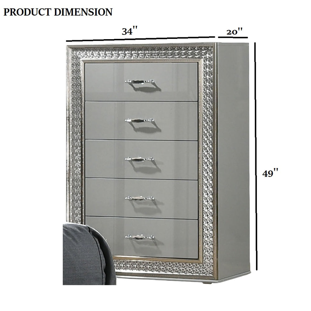 English Elm Glam Metallic Gray 5-Drawer Chest with Scale Molding Trim, Felt Lined Drawers, Durable Wood 49"H B2741P369860