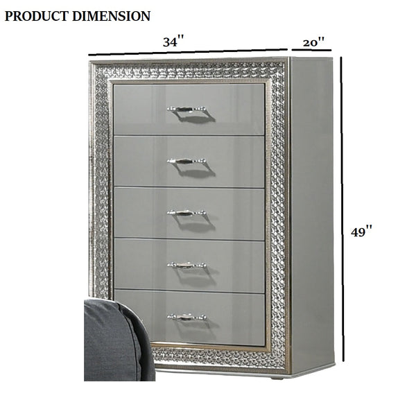 English Elm Glam Metallic Gray 5-Drawer Chest with Scale Molding Trim, Felt Lined Drawers, Durable Wood 49"H B2741P369860