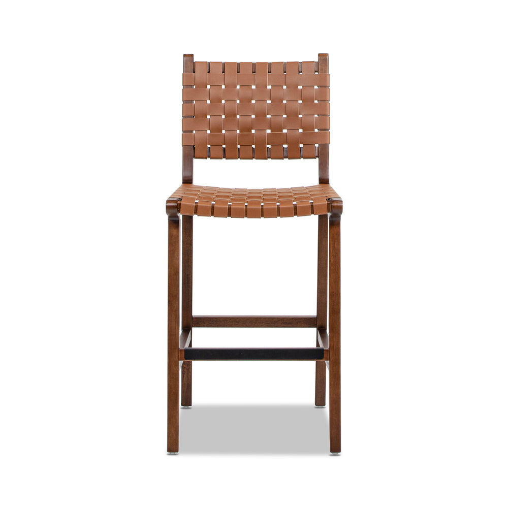 English Elm Jennifer Taylor Home - Andre Woven Leather Counter Stool 26" with Back in Pecan Brown Faux Leather, Rubberwood Frame & Brass Kickplate B2719P292909