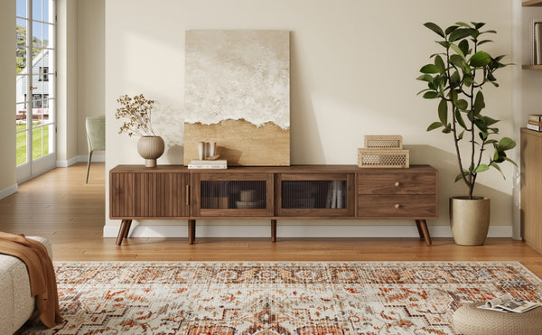 English Elm 76" Modern Minimal TV Stand with Waveform Glass Doors, Soft-Close Drawers, Cable Management, Solid Wood Legs (Fits TVs up to 85") N710P298234P