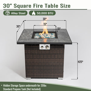 English Elm 30" 30" Propane Fire Pit Table 50000BTU Marble Tile Top Rattan Base with Glass Rocks & Cover W85343034