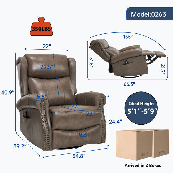 English Elm Heat Massage Swivel Rocker Recliner Genuine Leather Chair with Lumbar Relief W3224S00011