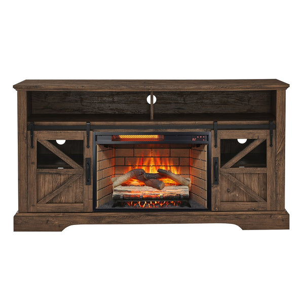 English Elm 60 Inch Farmhouse Electric Fireplace Tv Stand with Led Flame and Cabinet Storage Reclaimed Barnwood W1769S00005