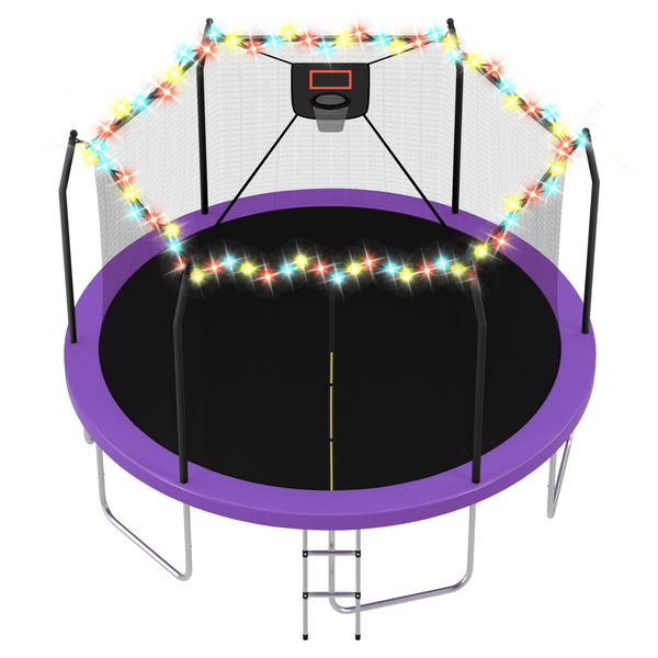 English Elm 14ft Backyard Trampoline with Led Lights Basketball Hoop and Galvanized Safety Frame N739P308480A