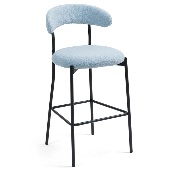 English Elm 26'' Teddy Counter Height Bar Stool Blue Fabric Cover with Soft Cushion, Stylish Backrest, Black Powder-Coated Base and Footrest for Kitchen Island (Set of 1) W2215P292148