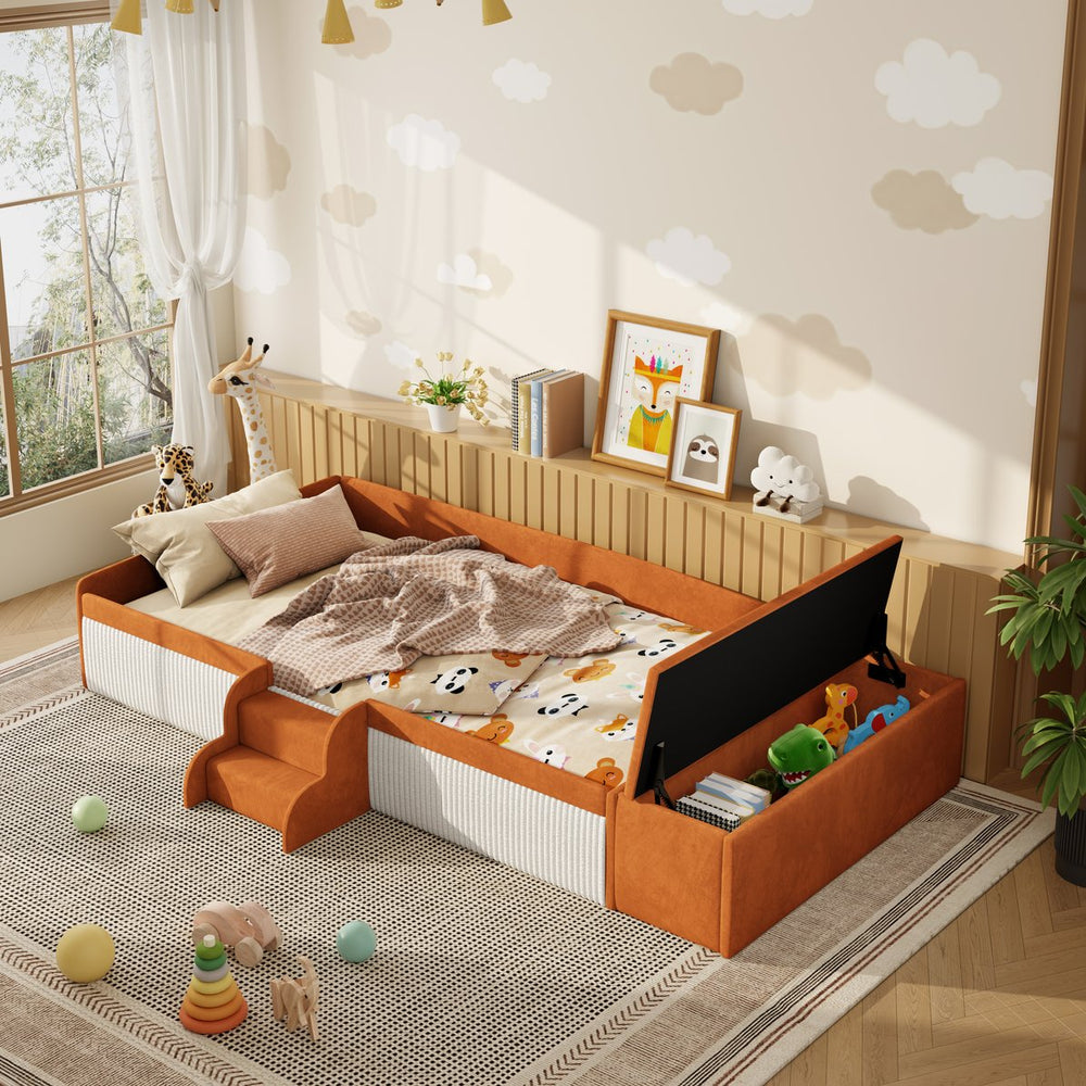 English Elm Twin Velvet Kids Daybed with Built-in Stairs Padded Guardrails and Gas Lift Storage Brown+White SF000201AAD