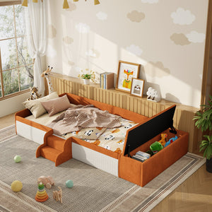 English Elm Twin Velvet Kids Daybed with Built-in Stairs Padded Guardrails and Gas Lift Storage Brown+White SF000201AAD