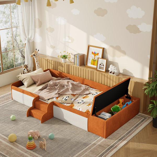 English Elm Twin Velvet Kids Daybed with Built-in Stairs Padded Guardrails and Gas Lift Storage Brown+White SF000201AAD