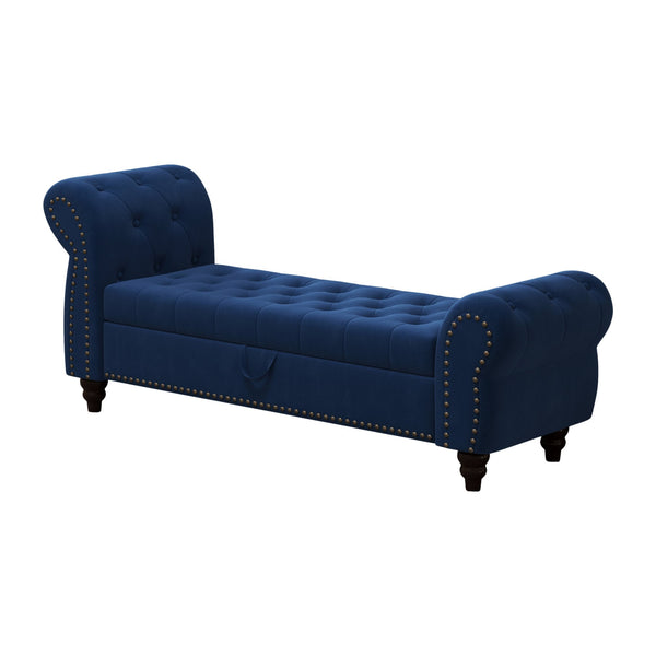 English Elm 64.5" Bed Bench with Storage Velvet Upholstery — Tufted Chaise Lounge, Solid Wood Frame, 400lb Capacity Navy Blue W1097P202879