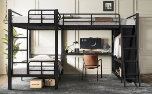 English Elm L-shaped Triple Bunk Bed with Desk Wardrobe Metal Frame for Teen Shared Rooms W5305S00003