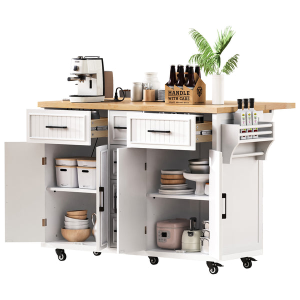 English Elm K&K 56.5" Kitchen Island with Drop Leaf, Embossed Vertical Stripe Barn Doors, Wheels & Charging Hub White N707P263094W
