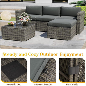 English Elm 5-piece Outdoor Modular Pe Rattan Wicker Patio Set with Tempered Glass Coffee Table Gray B082P455127