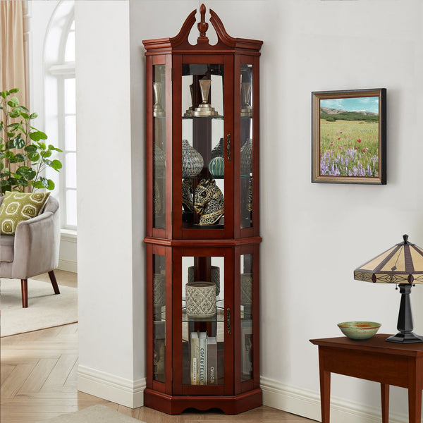 English Elm Walnut Corner Display Cabinet with Mirrored Back Lit Glass Shelves for Living Room W1693P176659