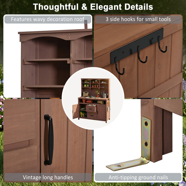 English Elm (with Hutch) Topmax Solid Fir Outdoor Potting Bench Station Cabinets Drawers Patio Garden Brown N717P404332D