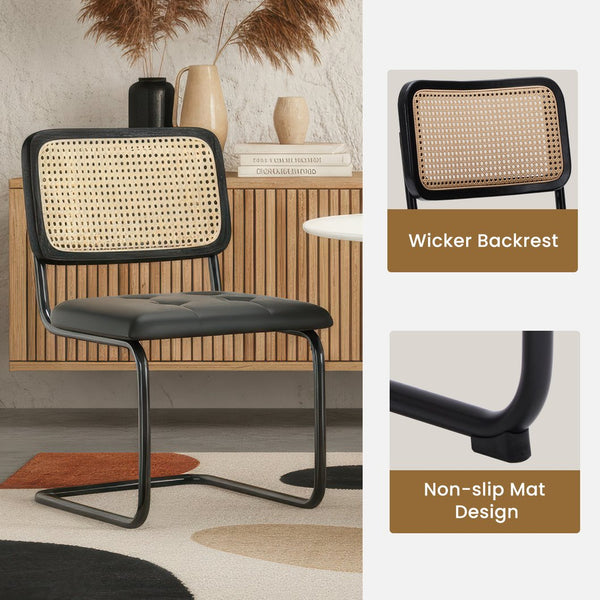 English Elm Kitchen Mid-Century Dining Chairs Set of 2 with Rattan Backrest, Cantilever Aluminum Legs, 300lb Capacity Black PU T3623P408455