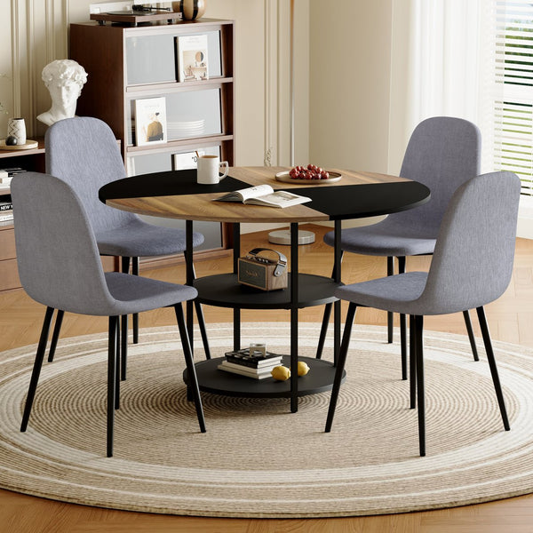 English Elm Table and Chair Set 47 Inch Round Mdf Spliced Top with Dual Tier Storage 4 Seats Black,Light Gray,Wood W1151S03336