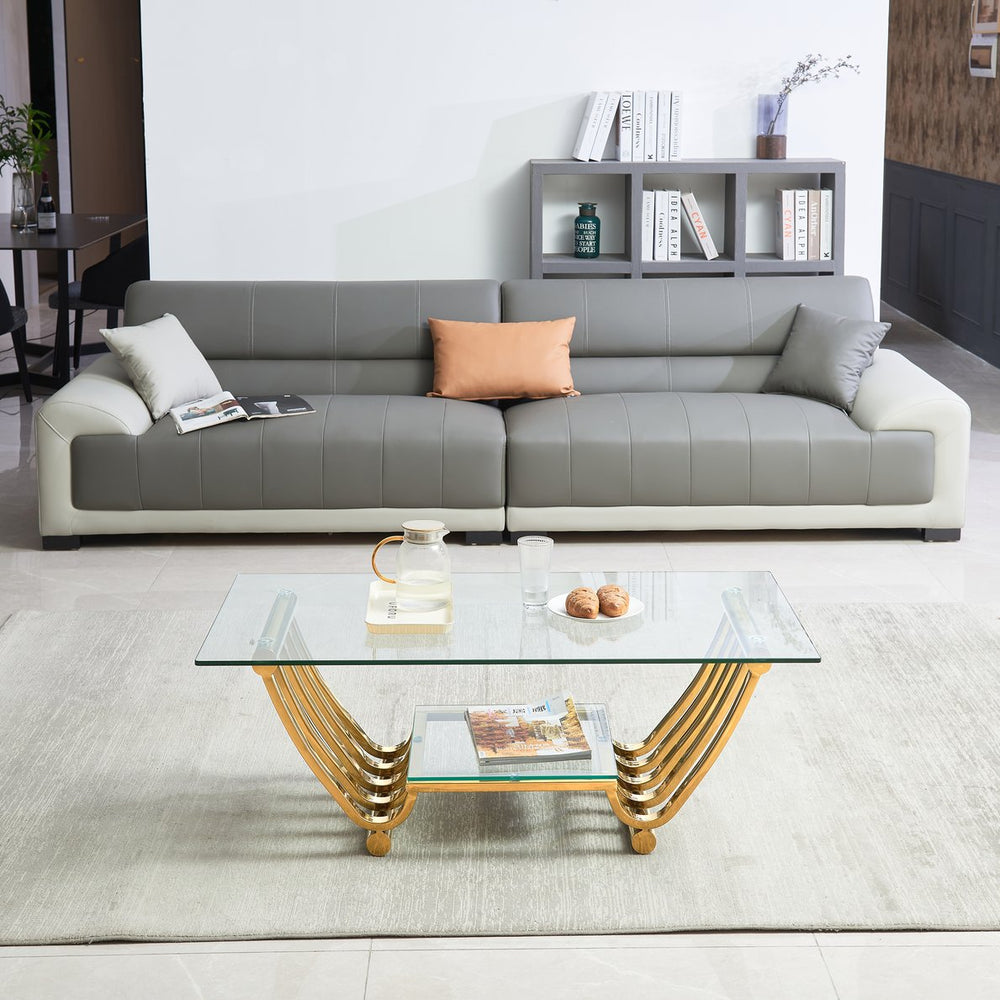 English Elm 47" Modern Rectangle Coffee Table With Double-Layer Glass Shelves, Stylish Gold Frame & Storage Solution W2978S00013