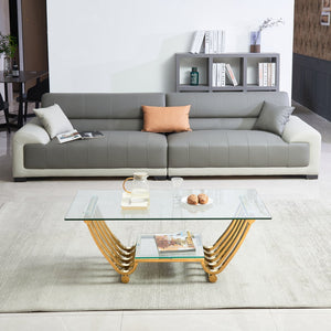 English Elm 47" Modern Rectangle Coffee Table With Double-Layer Glass Shelves, Stylish Gold Frame & Storage Solution W2978S00013