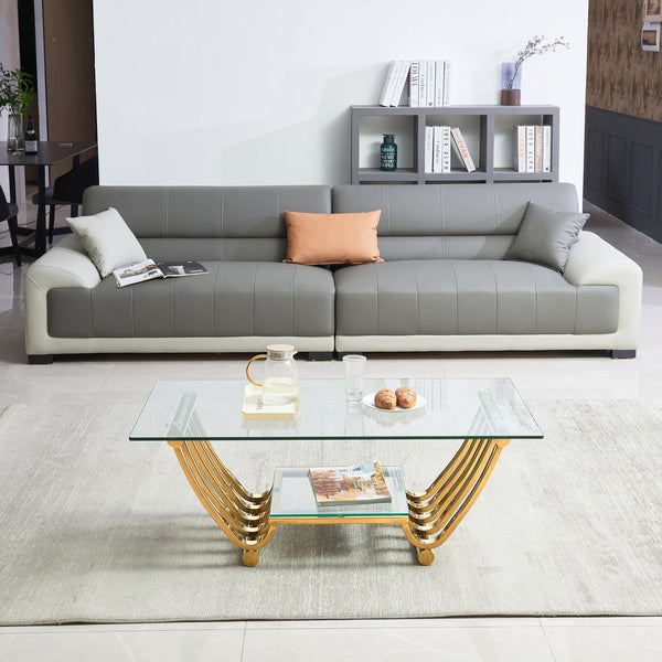 English Elm 47" Modern Rectangle Coffee Table With Double-Layer Glass Shelves, Stylish Gold Frame & Storage Solution W2978S00013