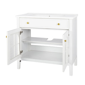 English Elm 35.6" Freestanding Bathroom Vanity with Roman Column Base and Ceramic Integrated Sink White W1801S00001