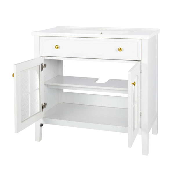 English Elm 35.6" Freestanding Bathroom Vanity with Roman Column Base and Ceramic Integrated Sink White W1801S00001