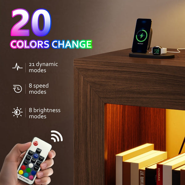 English Elm Rustic Wood End Table With Led Lighting & Integrated Power Hub - Stylish 2-Tier Storage Solution W1550P330032-GIGA