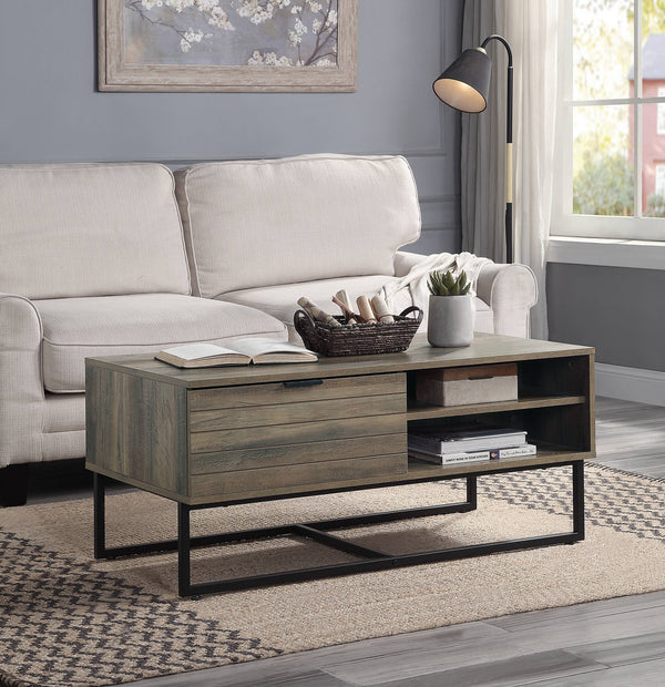 English Elm Homare Rustic Oak Coffee Table with Black Metal Legs, 1 Door & 2 Open Shelves, Adjustable Height B2726P281466