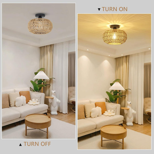 English Elm Rattan Boho Ceiling Light Fixture with Dimmable LED Bulb, Hand-Woven Mini Chandelier for Home W2738P185424