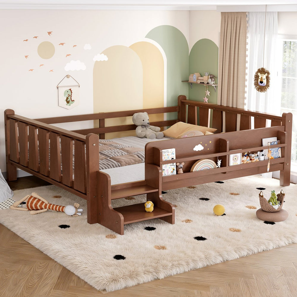 English Elm Twin Pine Floor Bed for Kids with Side Bookcases Built-in Stairs and Safety Guardrails Natural W1580P390225