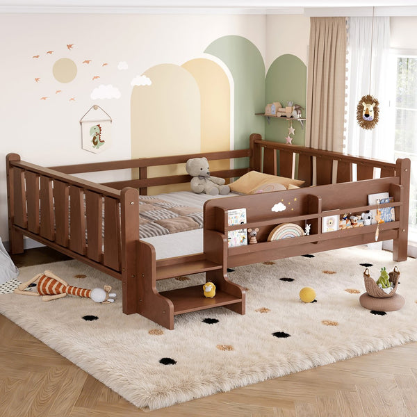 English Elm Twin Pine Floor Bed for Kids with Side Bookcases Built-in Stairs and Safety Guardrails Natural W1580P390225