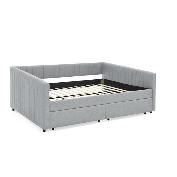 English Elm Queen Size Daybed With Trundle & Drawers – Stylish Grey Upholstered Sofa Bed For Guests & Storage W1413S00067-GIGA