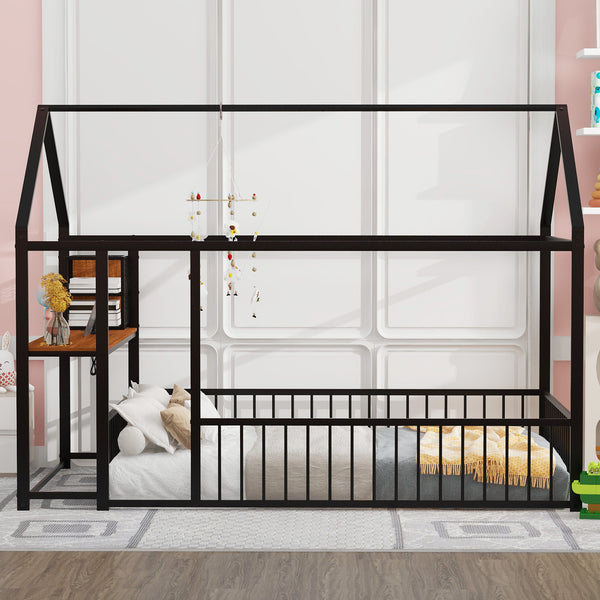 English Elm Full Size Metal House Bed Frame with Desk, Shelves, USB Power Ports & Playful Roof for Kids Room Delight Black N737P173491B