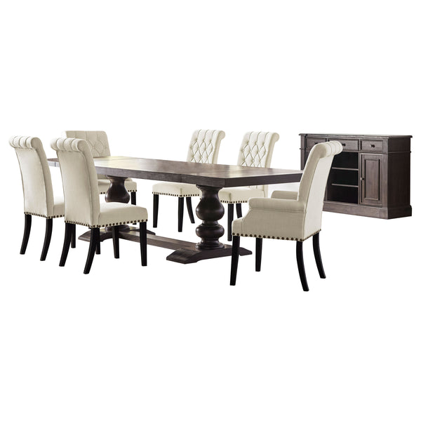 English Elm Vallerie Modern Farmhouse 8-Pc Dining Set with Dual Pedestal Table, Beige Velvet Tufted Chairs, Server B062S00813
